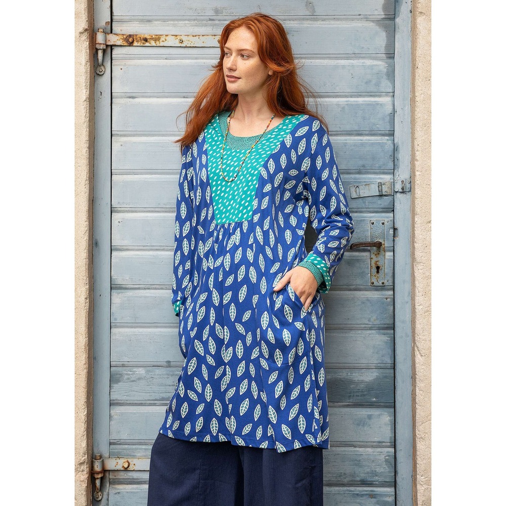 Gudrun Sjoden Aland Jersey Dress Blue Green Leaf Dot Print Organic Cotton L